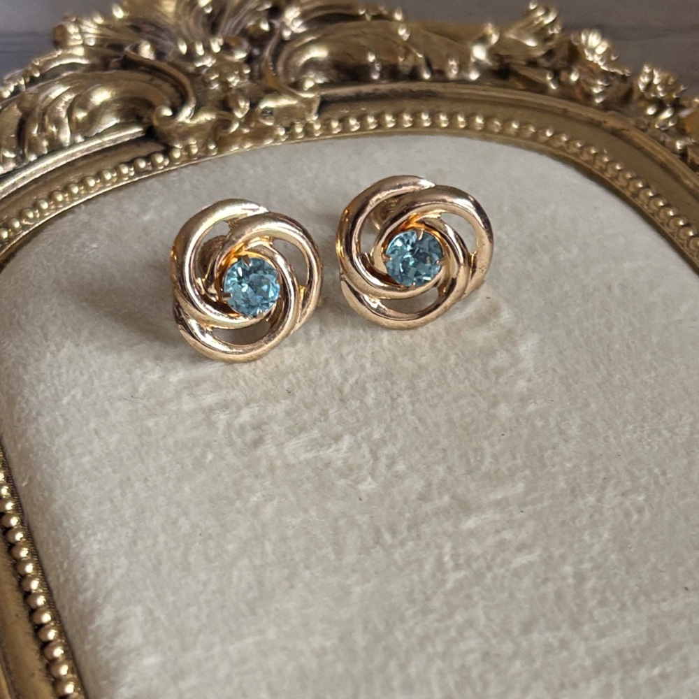 Vintage Gold-tone swirl design & blue topaz rhinestone accents  Earrings